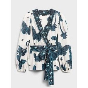 Banana Republic Butterfly Print Wrap Blouse Long Sleeve Belted White Blue XL